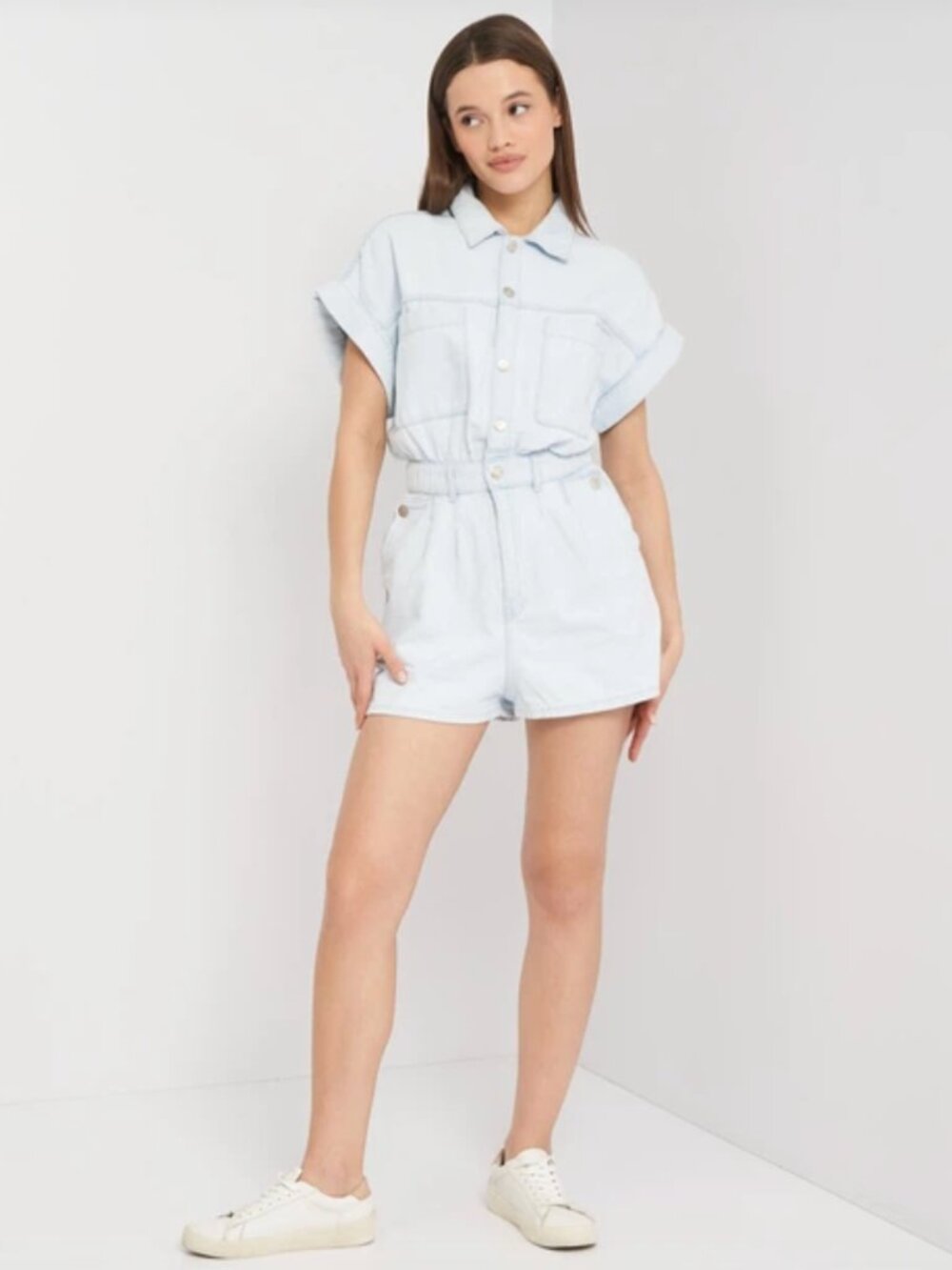 Light Blue Denim Romper Playsuit — Zara Short Sleeve NWOT S